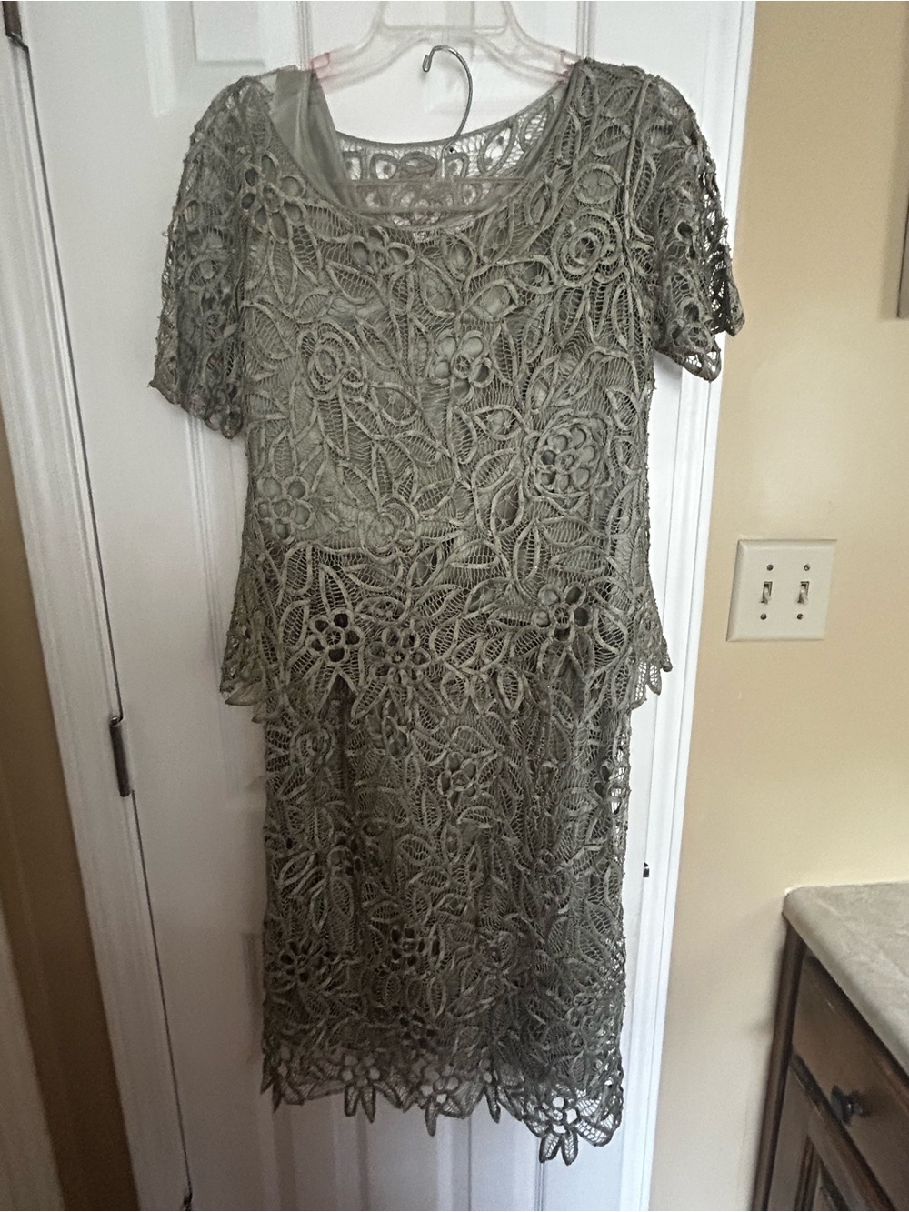 Silken Poetry Olive Green Crochet Lace Silk 2 pc Top and long skirt.